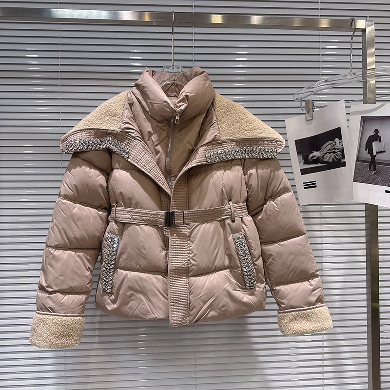 Winter Diamond Plush Navy Collar Cotton Down Jacket Women White Duck Down Warm Padded Outwears Female Cold Proof Down Jacket