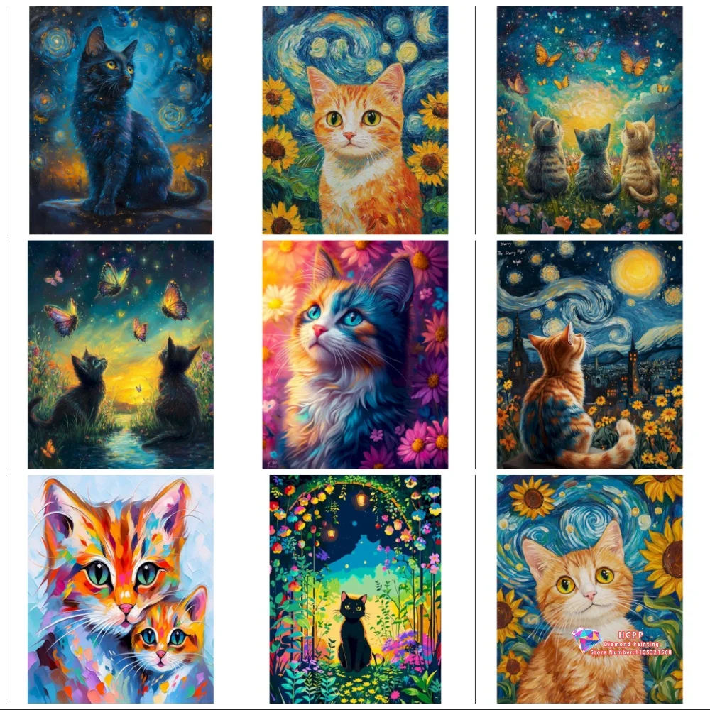 Cat Animal Diamond Painting Kit Square Round Diamond 5D DIY Mosaic Handmade Van Gogh Starry Night Art Gift Crafts Home Decor
