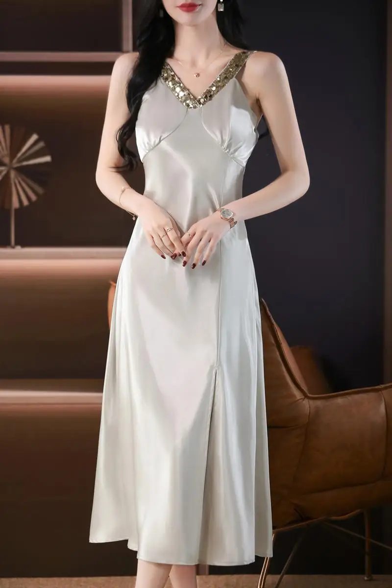 

Summer Dress High Waist Long Dresses for Women 2025 New Satin Handmade Sequin Sexy Temperament Suspender Dress Female Clothing
