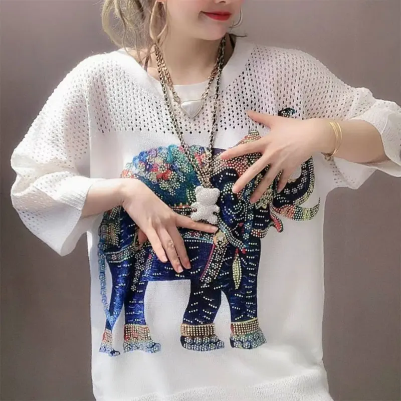 

Stylish Elephant Printed Knitted Pullovers Casual Hollow Out Female Clothing Short Sleeve Korean Diamonds Summer Loose T-shirt