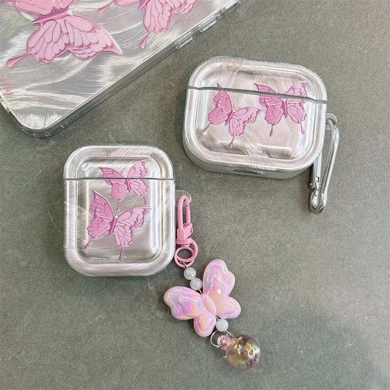 

Pink Butterfly Pendant Case for AirPods 4 Airpod 1 2 3 Pro Pro2 Bluetooth Earbuds Charging Box Protective Earphone Case Cover