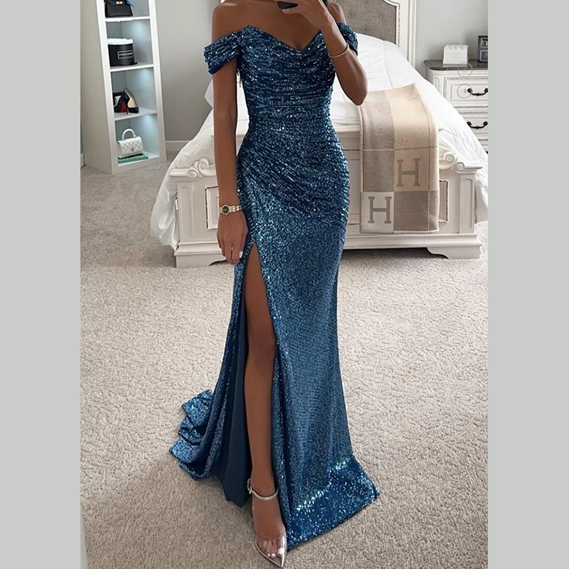 1 szt. Damska seksowna sukienka maxi na imprezę z rozcięciem, nowa sukienka z cekinami, dekolt typu one-line, modna, elegancka sukienka na bal, wieczorowa