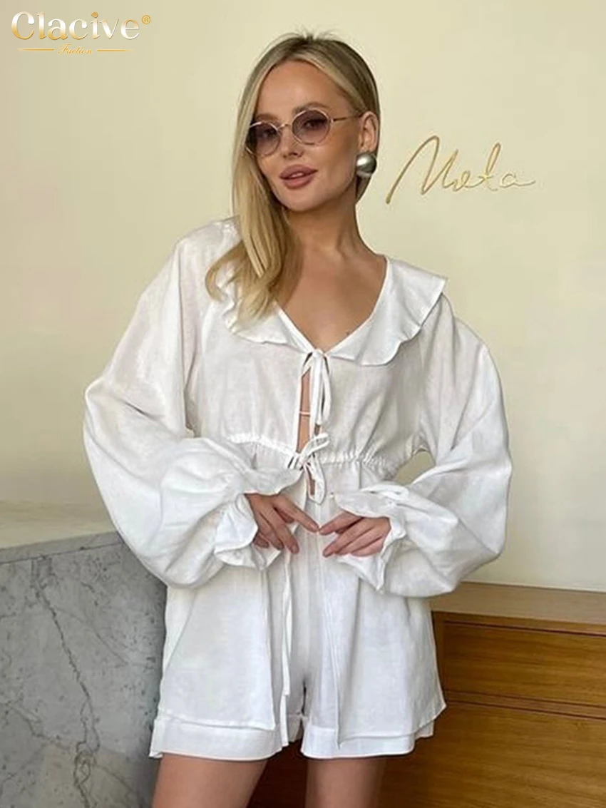 

Clacive Fashion Loose Blue Cotton Women's Two Pieces Set 2025 Elegant Long Sleeve Ruffle Shirt With High Waist Shorts Set Female