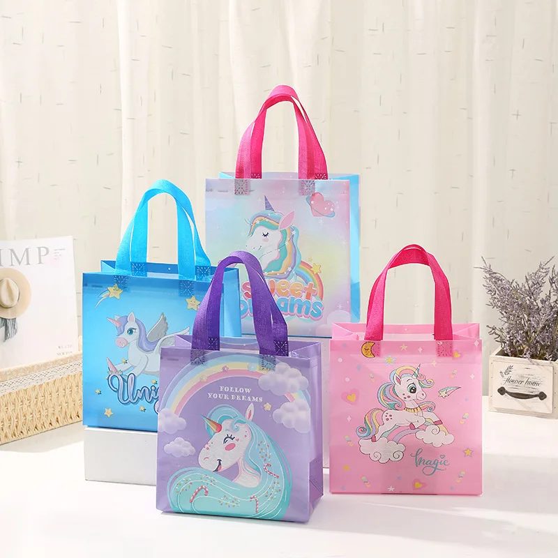 4pcs Rainbow Unicorn Party Gift Bags Unicorn Theme Birthday Party Decoration Nonwoven Fabric Favors Packaging Bag Baby Shower