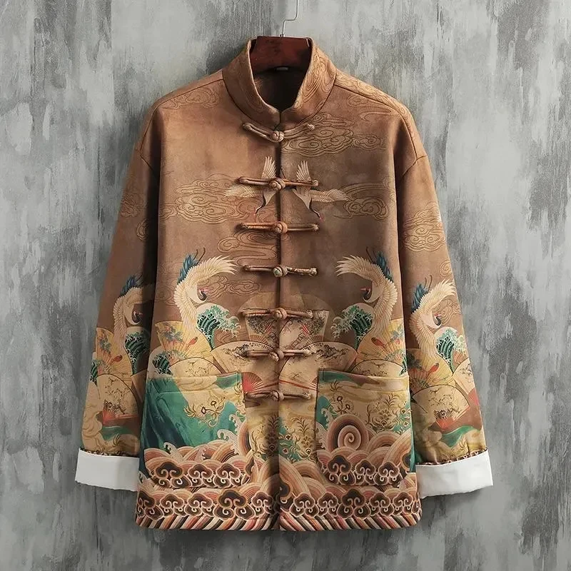 Outerwears Women's Jacket Spring and Autumn Chinese Style Tang Suit Crane Style Stand Collar Buckle Printing Hanfu  Jacket Coat