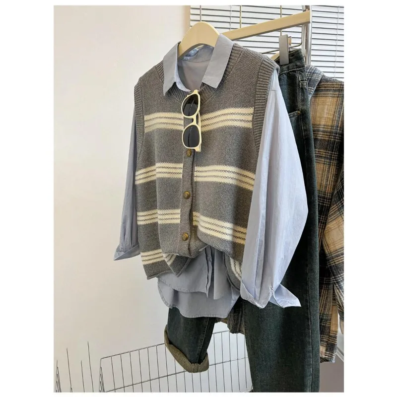 Chaleco de punto a rayas para mujer, suéter, chaleco, jersey de contraste con botones, Top sin mangas