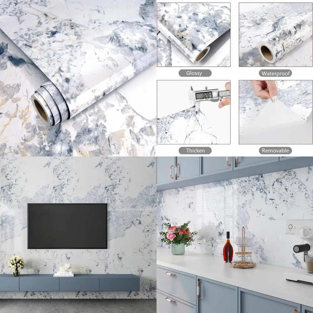 ورق اتصال قابل للتقشير واللصق بنمط الرخام الأبيض والأزرق المقاوم للماء لأسطح المطبخ، مقاس 30 × 200 بوصة، سهل التركيب، Dur
