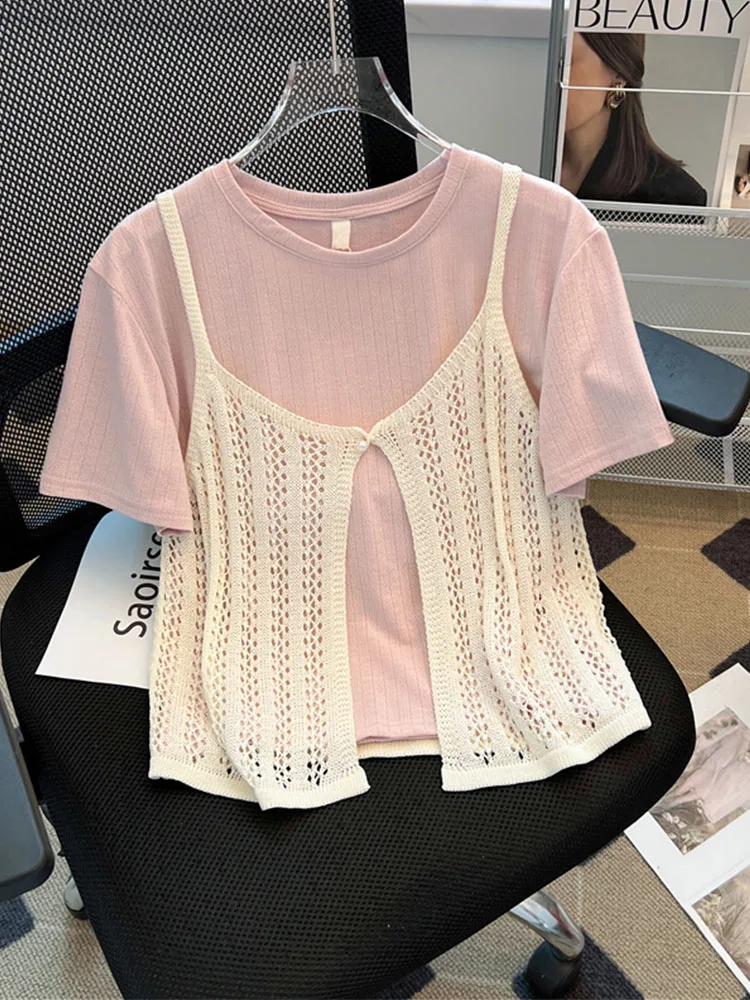 

Korean Style Sweet Lace Design T-Shirts Women Elegant Solid O-Neck Hollow Out Tops Autumn 2024 Fashion Thin Tees Two Piece Sets