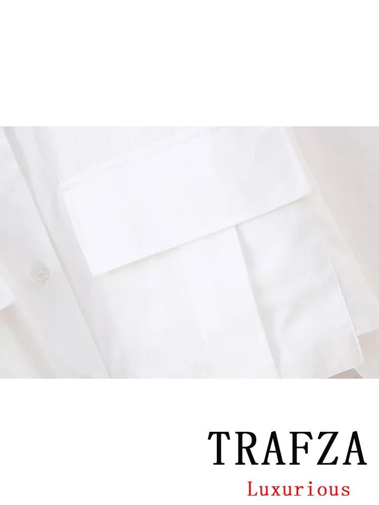 TRAFZA Causal Chic Women Blouse Solid Long Sleeve Single Breasted Pockets Short Blouse Fashion 2024 Spring Female Shirts Tops