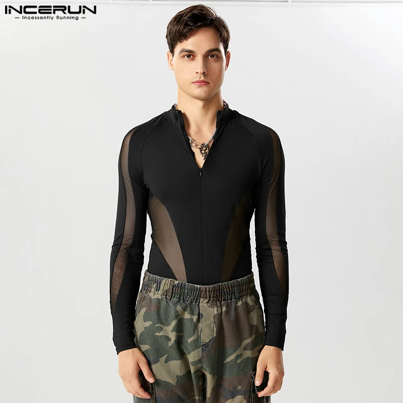 INCERUN 2024 American Style New Men Fashion Sexy Homewear Bodysuits Casual High Neck Patchwork Mesh Long Sleeved Jumpsuits S-5XL