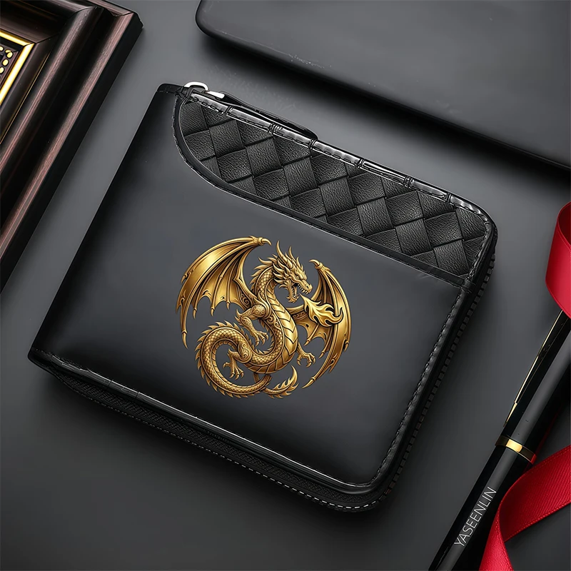 Men's Premium Wallet Gold Dragon Print - Business Style Black Crocodile Pattern Faux Leather Zipper Closure Multiple Card Slots