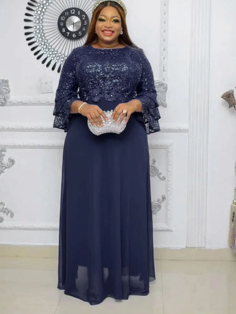 Doyerl-maxivestido de gasa con lentejuelas brillantes para mujer, vestido elegante de celebridad con manga acampanada y cuello redondo, cintura alta, vestidos de fiesta para graduación y Club