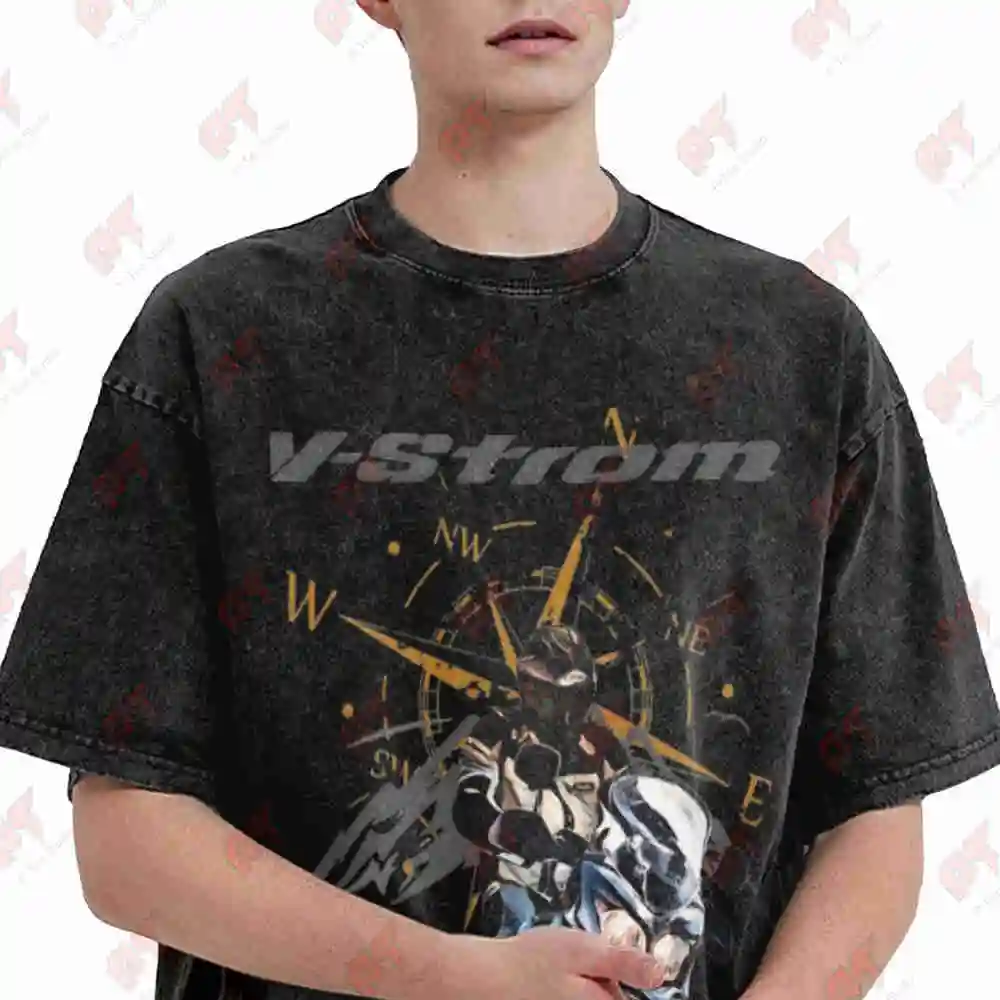 V Strom 650 Explorer's Compass Motorcycle Vintage Washed Tee Pure Cotton T-Shirt