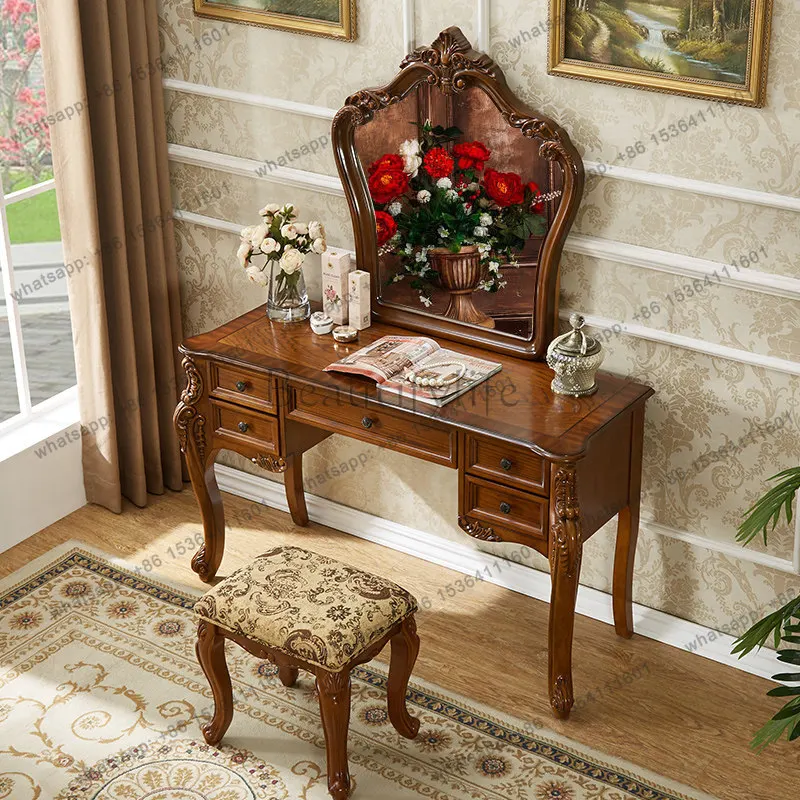

American solid wood dresser retro luxury small apartment makeup table mirror integrated