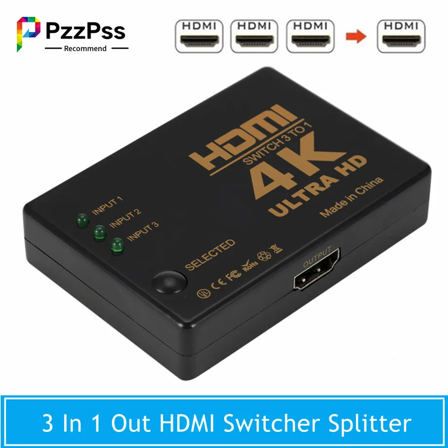 PzzPss HDMI Switch 4K Switcher 3 in 1 out Full HD 1080P Video Cable Splitter 1x3 Hub Adapter Converter For PS4/3 TV Box HDTV PC