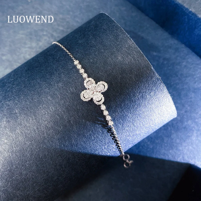 LUOWEND 18K White Gold Bracelet Romantic Clover Design 0.30carat Real Natural Diamond Bracelet for Women High Wedding Jewelry