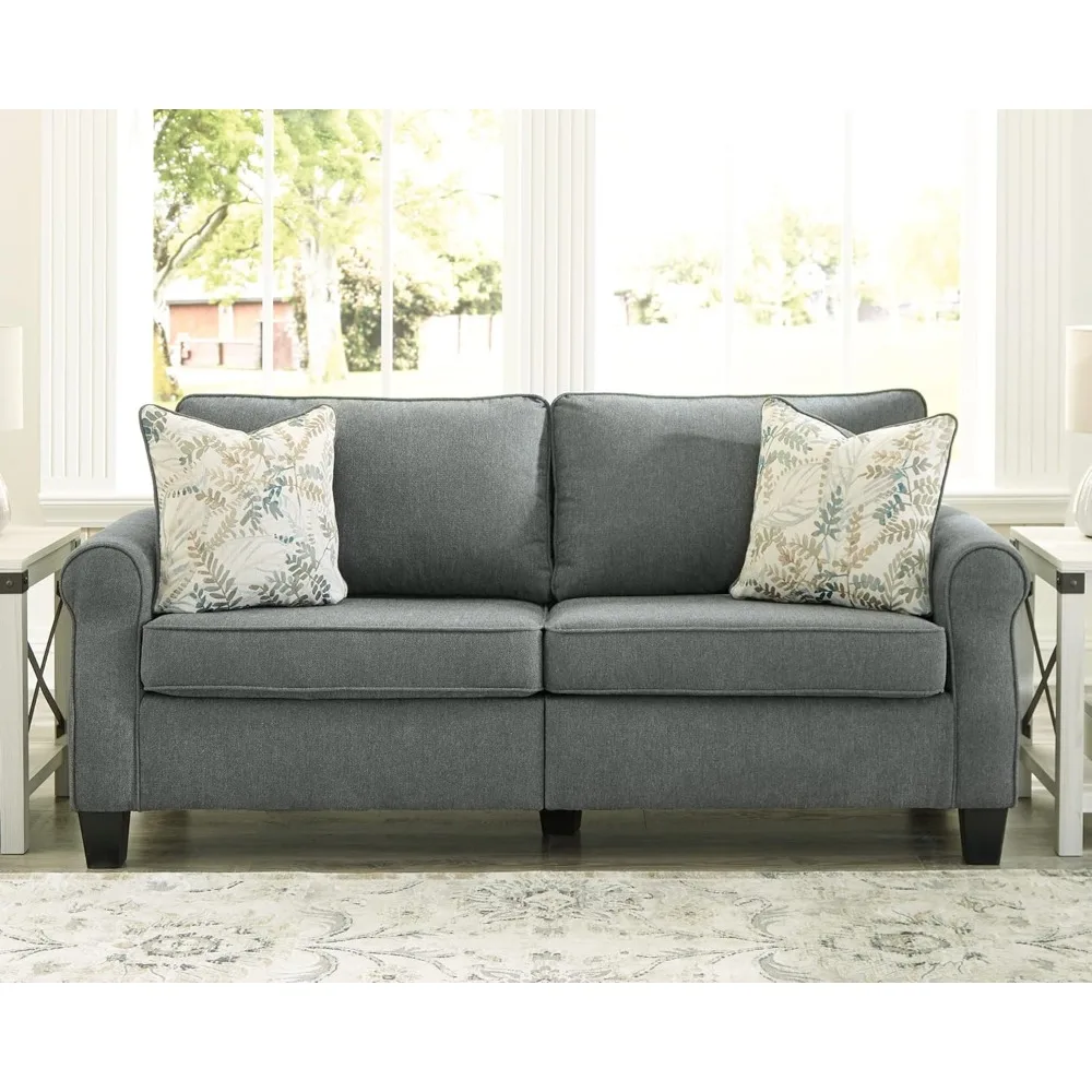 Alessio Modern Sofa with 2 Floral Throw Pillows, Charcoal Gray