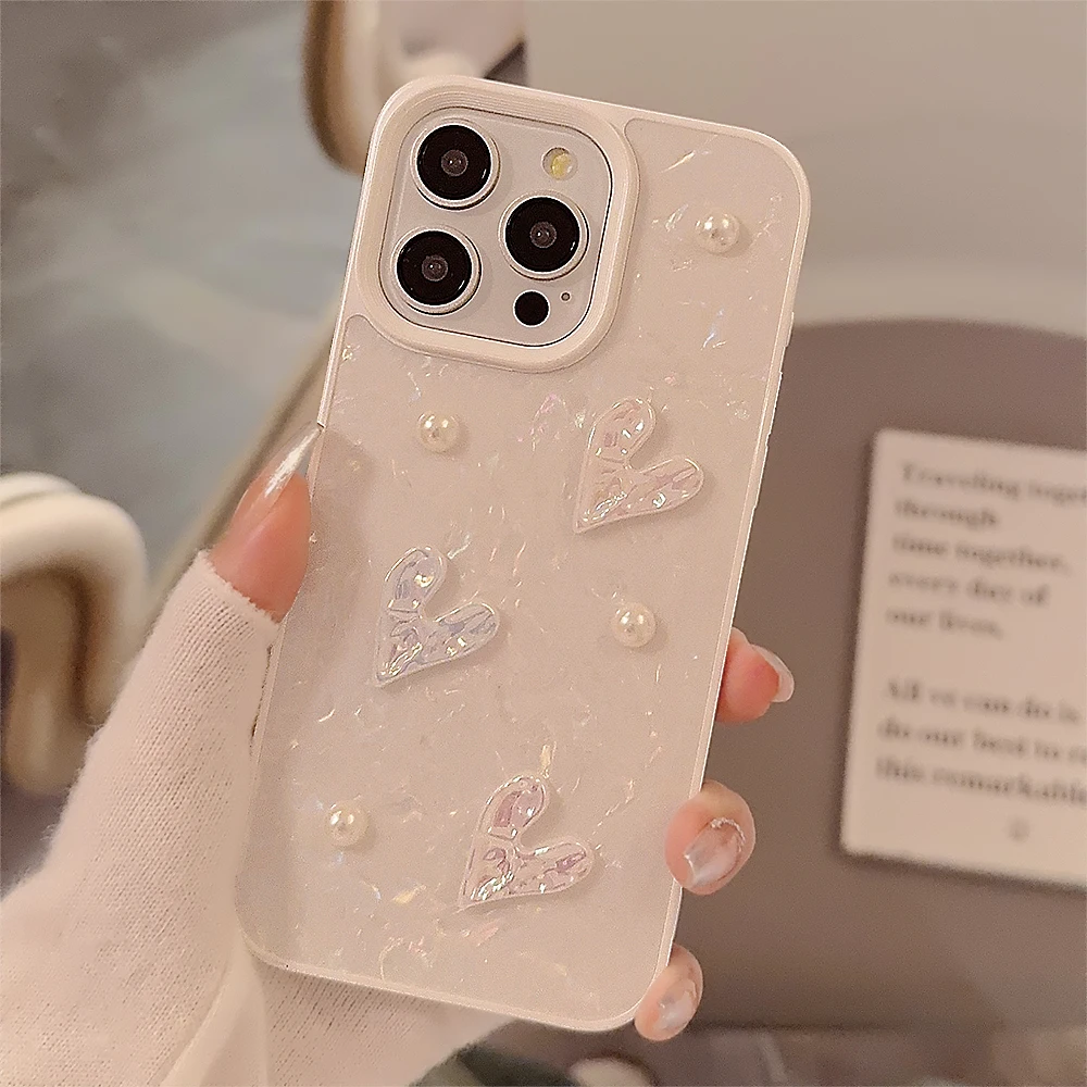 Korean Cute 3D Laser Love Soft Silicone Case for iPhone 15 Plus 14 13 12 11 Pro Max Pearl Shockproof Shell Pattern Phone Case