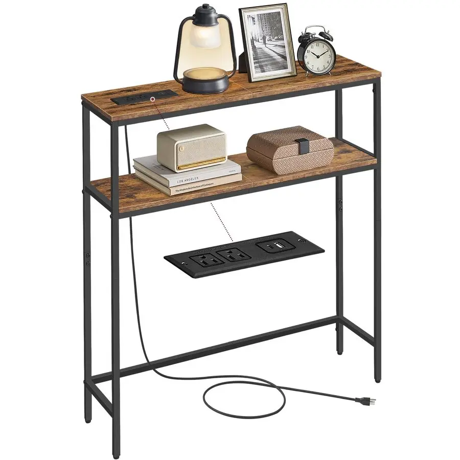 

Консольный столик с розеткой, 2-уровневый узкий диван-стол с 2 полками, 7,9 x 31,5 x 31,5 дюйма, для гостиной, прихожей, En