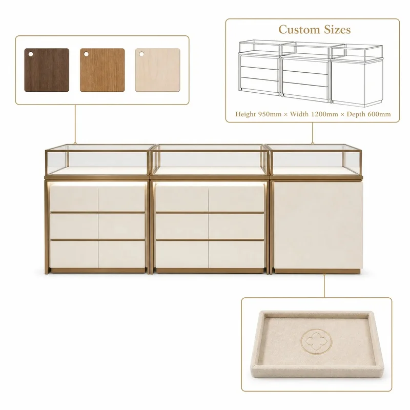custom.Custom Jewelry Display Counter Matte Glass Showcase Bronze Aluminum Frame LED Lighting