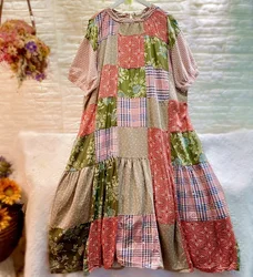 Summer Cotton Patchwork Spliced Big Size Tunic Long Midi Dress 2025 Vintage Cottage Core Gypsy Hippie Ibiza Beach Sun Dress Robe