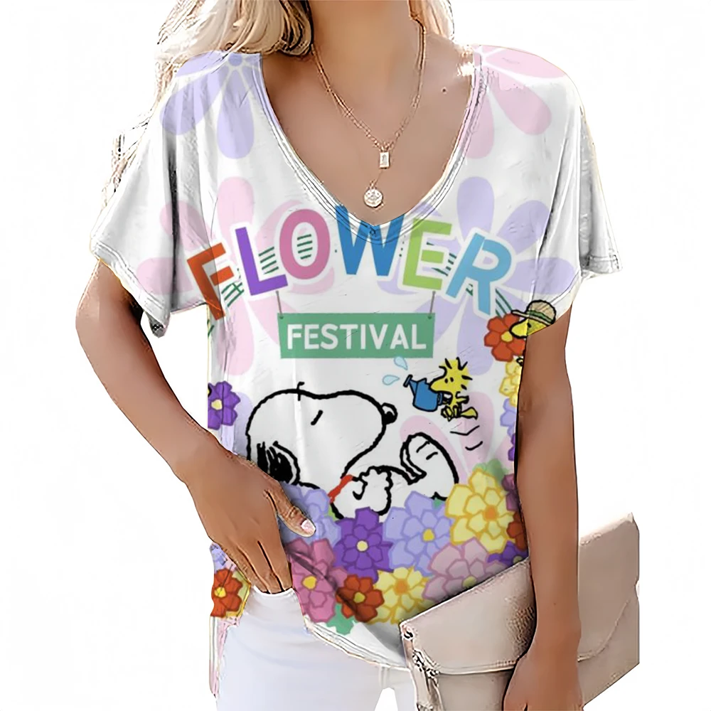 Retro Women's T-shirt Summer V-neck Short sleeved T-shirt Leisure Harajuku Hello Kitty Printed Women's Street Clothing Pullover