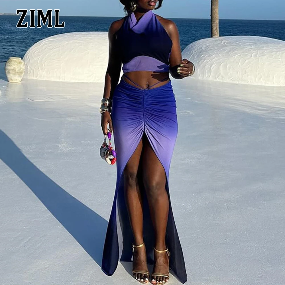 

ZIML Hit Color Two Piese Sets для женщин Короткие топы без рукавов с воротником-стойкой и высокой талией Сплит-юбка Шикарный женский комплект