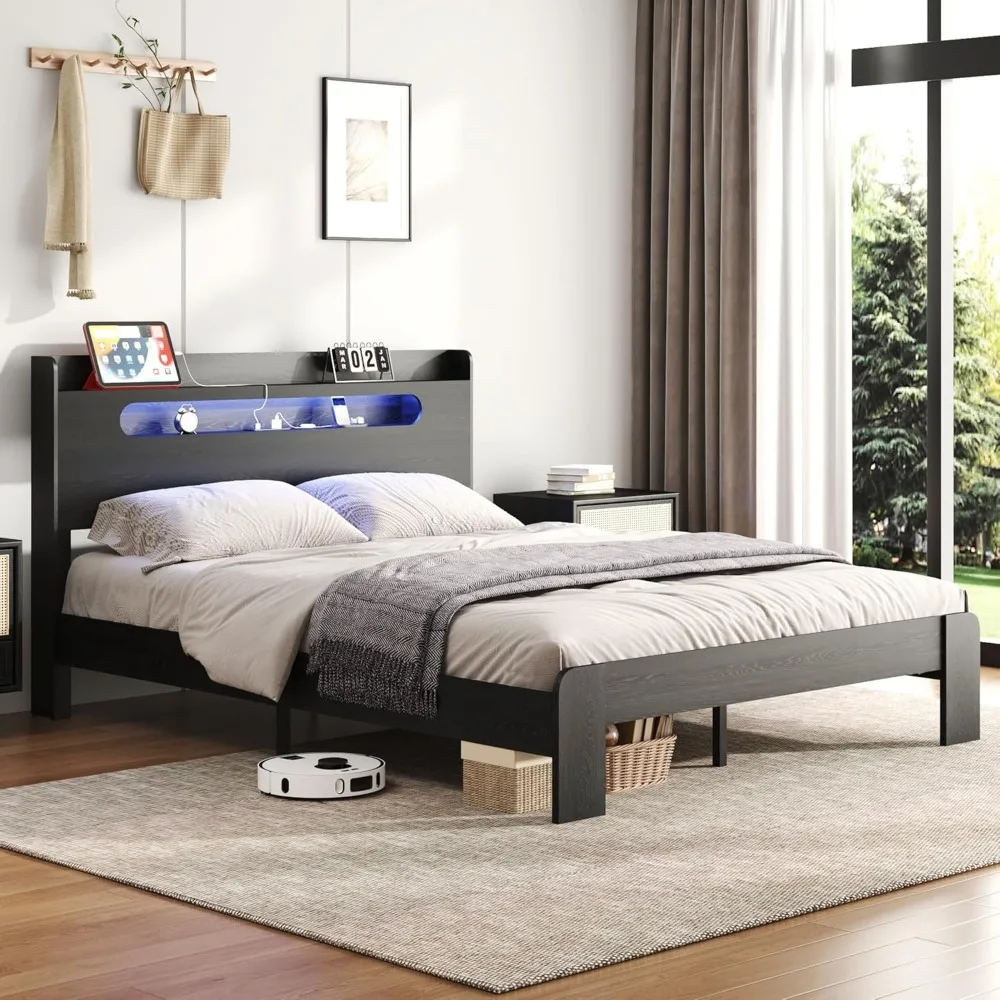 Queen Size Wooden Bed Frame with Headboard, Platform Bedframe with Charging Station & Led Lights, Sturdy and Stable Wood Bed Fra