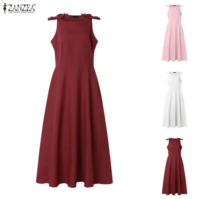 2026 ZANZEA Damen Sommer Ärmelloses Büro-Arbeitskleid Elegantes Partykleid Stilvolles A-Linien Tailliertes Urlaubs-Midikleid Robe