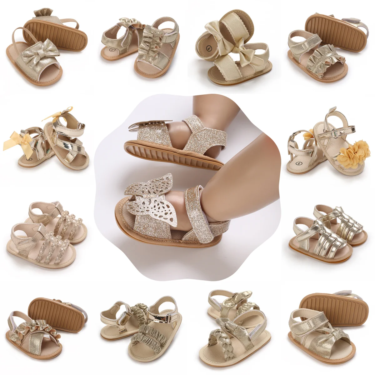 

0-1Year Baby Cute Preschool Summer Sandals Gold Princess Casual Soft Rubber Sole Anti slip Single Shoes Girl's Boy Walking Shoes