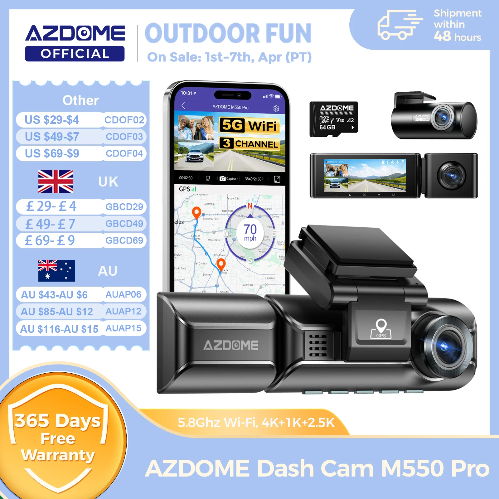 Upgrade AZDOME M550 Pro Dash Cam 4K Front Dashcam Auto 5.8Ghz Wi-Fi GPS G-sensor Car DVR 6 IR Night Vision Parking Monitor