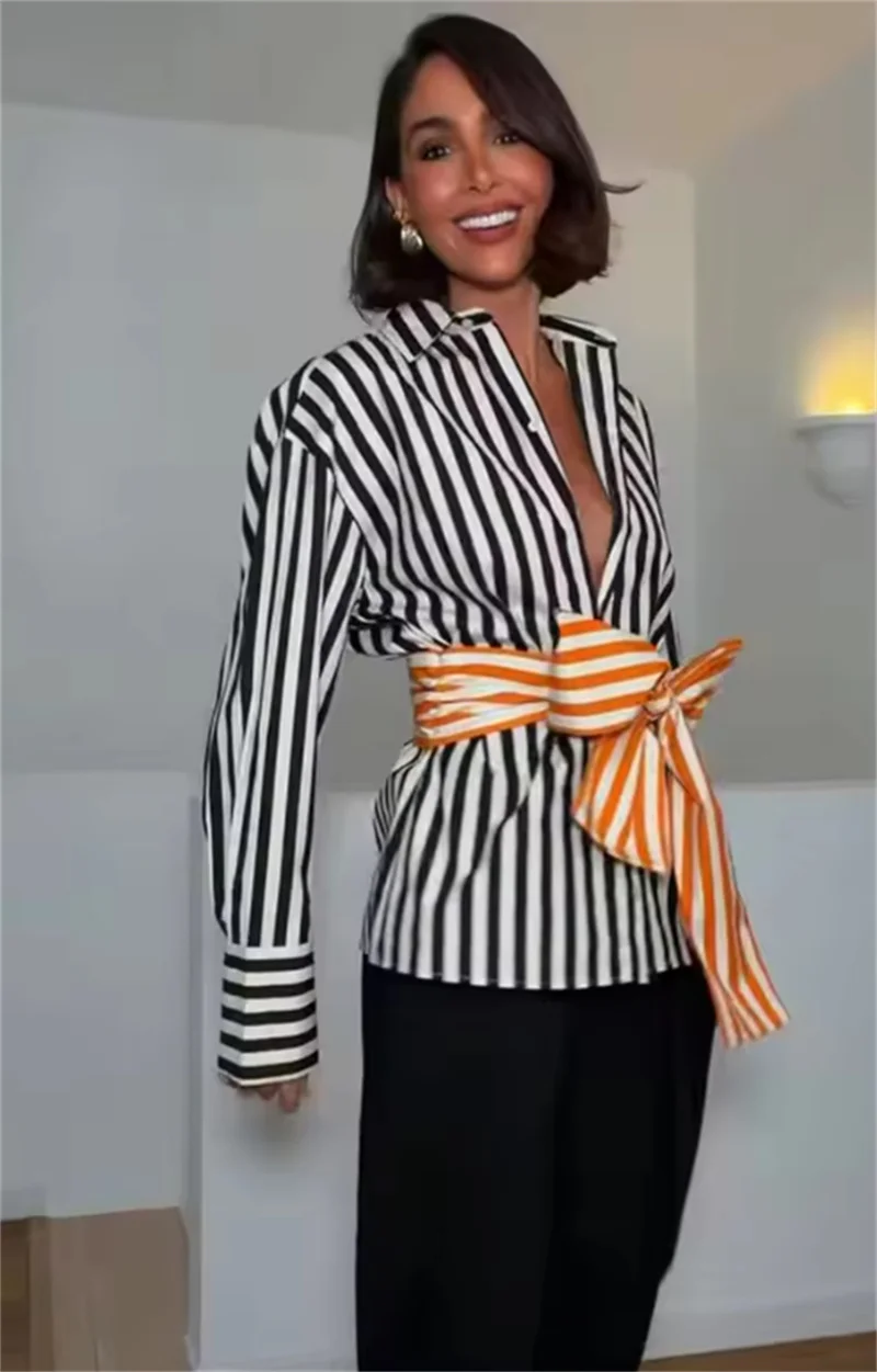 Guobioziy 2026 Women's Shirt Fall New Arrival Black and White Stripe Long Sleeve Shirt with Belt and Patchwork Detail Stylish