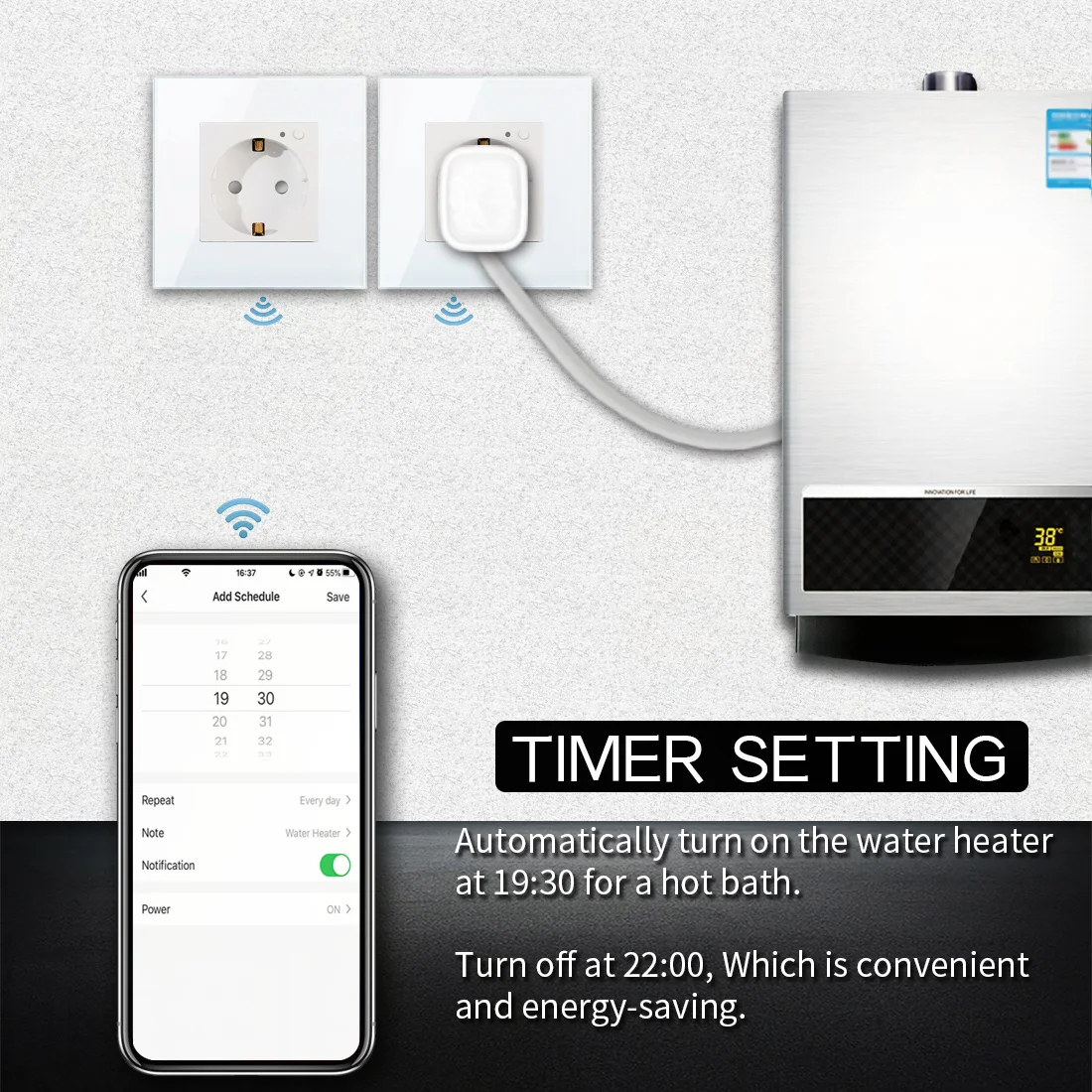 Smart Wifi Socket EU Standard Smart Wall Socket 16A 100V-240V White Black Gloden Crystal Glass Panel For Smart Home
