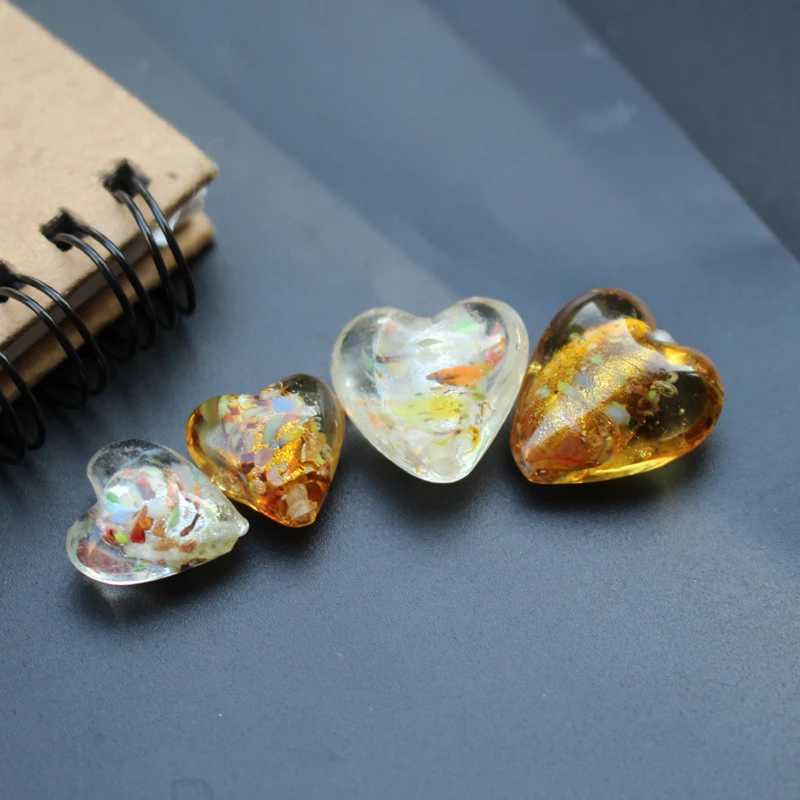 10Pcs Handmade Lampwork Glass beads Heart Shape Loose Bead Foil with Colorful Pieces White for Jewelry Bracelet Necklace Making