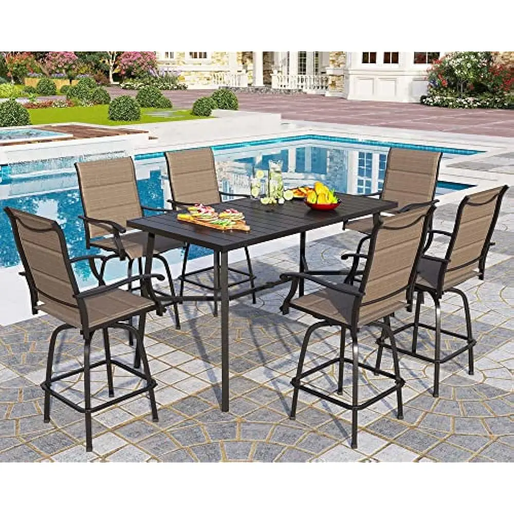 

Outdoor Dining 7 Piec Set with Umbrella Hole, Patio Table and Chair Set with 6 Padded Patio Swivel Bar Stools& 40" Bar Table