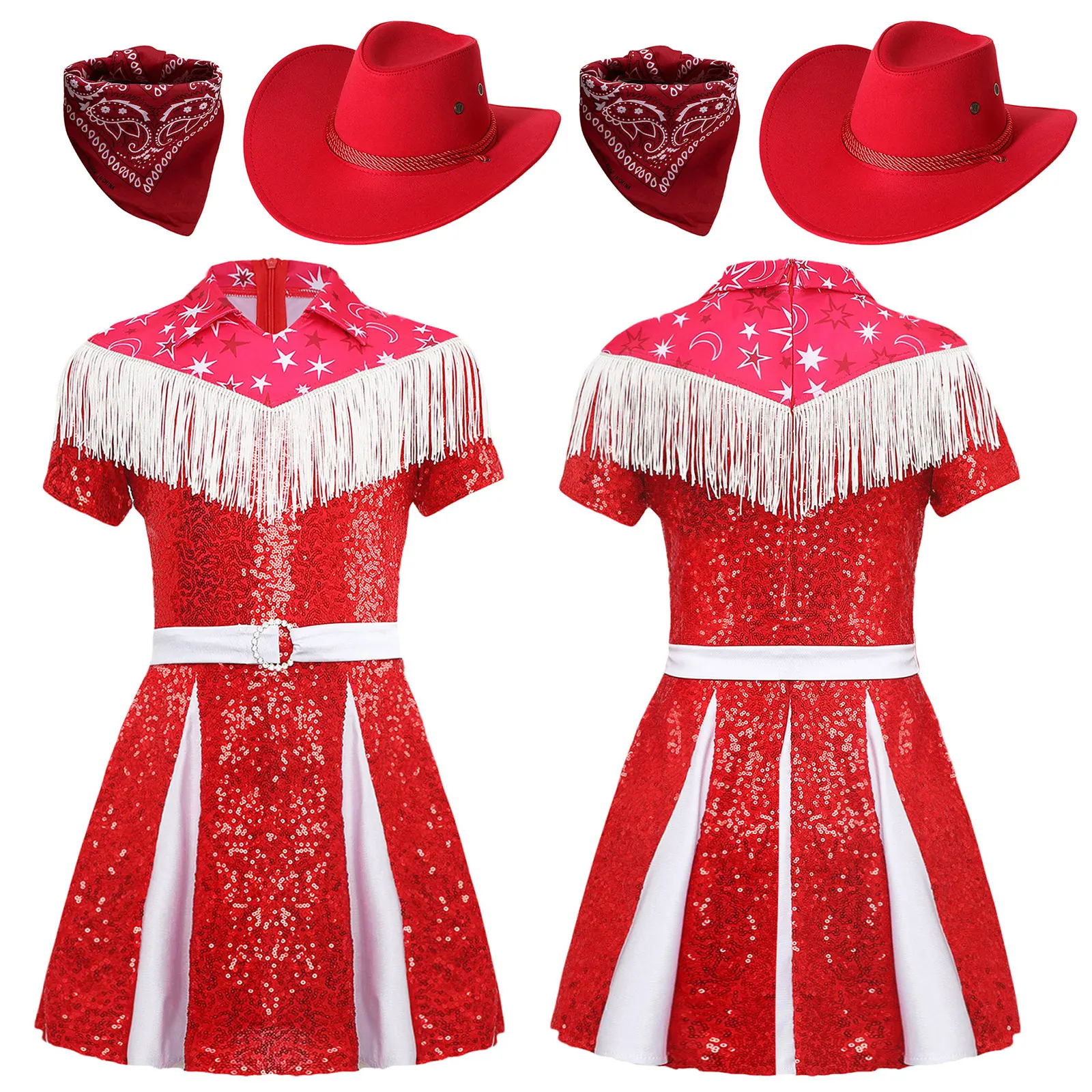 3 stks meisje westerse cowgirl cosplay kostuum pailletten geplooide jurk met cowboyhoed + bandana voor kerst halloween party dress up