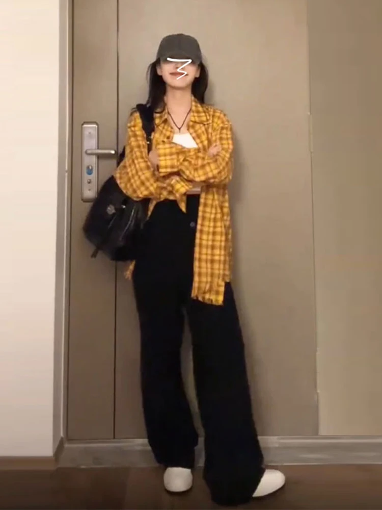 Coréen Sle Jaune Plaid irt Jaet Femmes Printemps Automne Mince Long Sve Top Paresseux Sle Crème Solaire irt Coton Polyester...