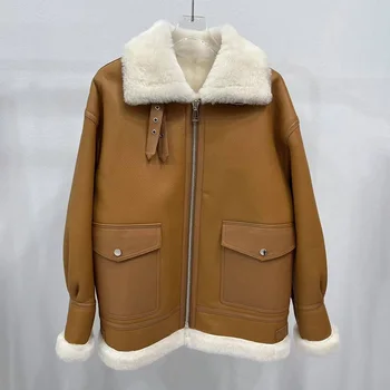 Casaco de shearling real feminino, couro de cordeiro genuíno, lã quente, jaqueta dupla face, inverno, ZJ6039, 2024