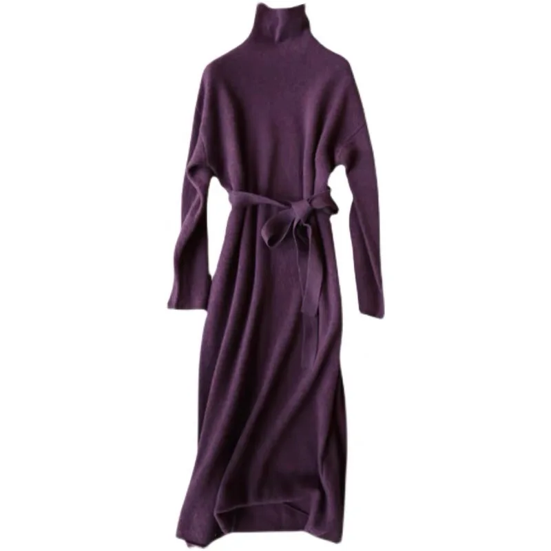 Purple Turtleneck Knit Bottoming Dress Women\'s Spring And Autumn Coat New Temperament Knee-Length Sweater Long Skirt