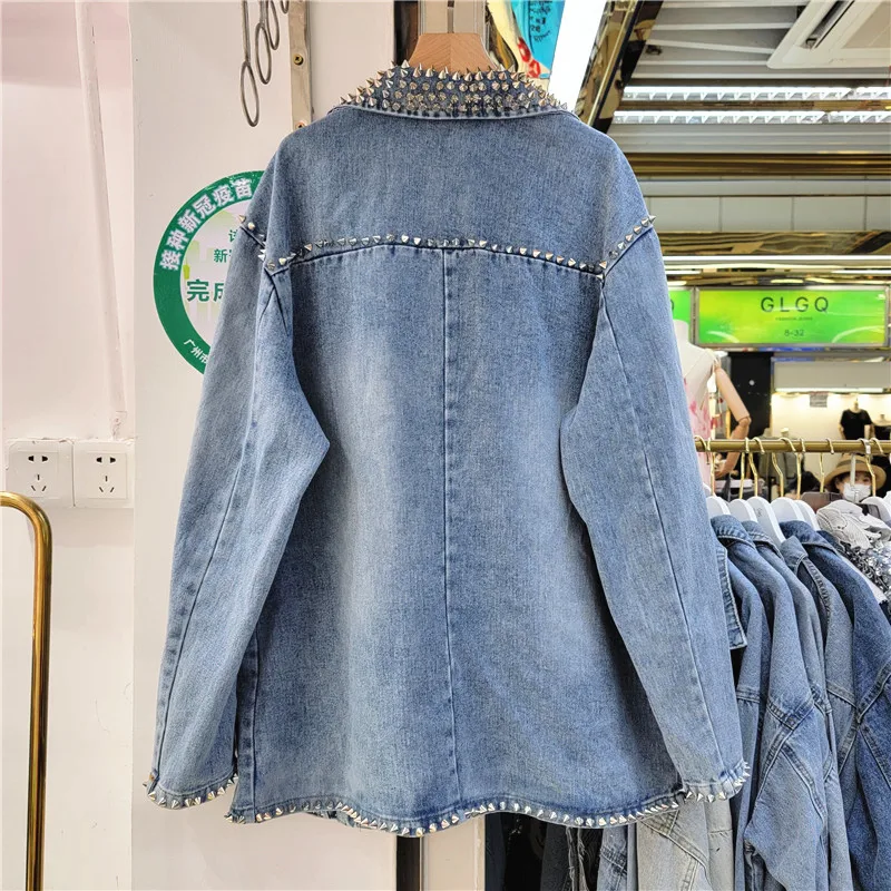 2022 autumn new rivet beaded blue denim jacket women\'s pocket casual coat