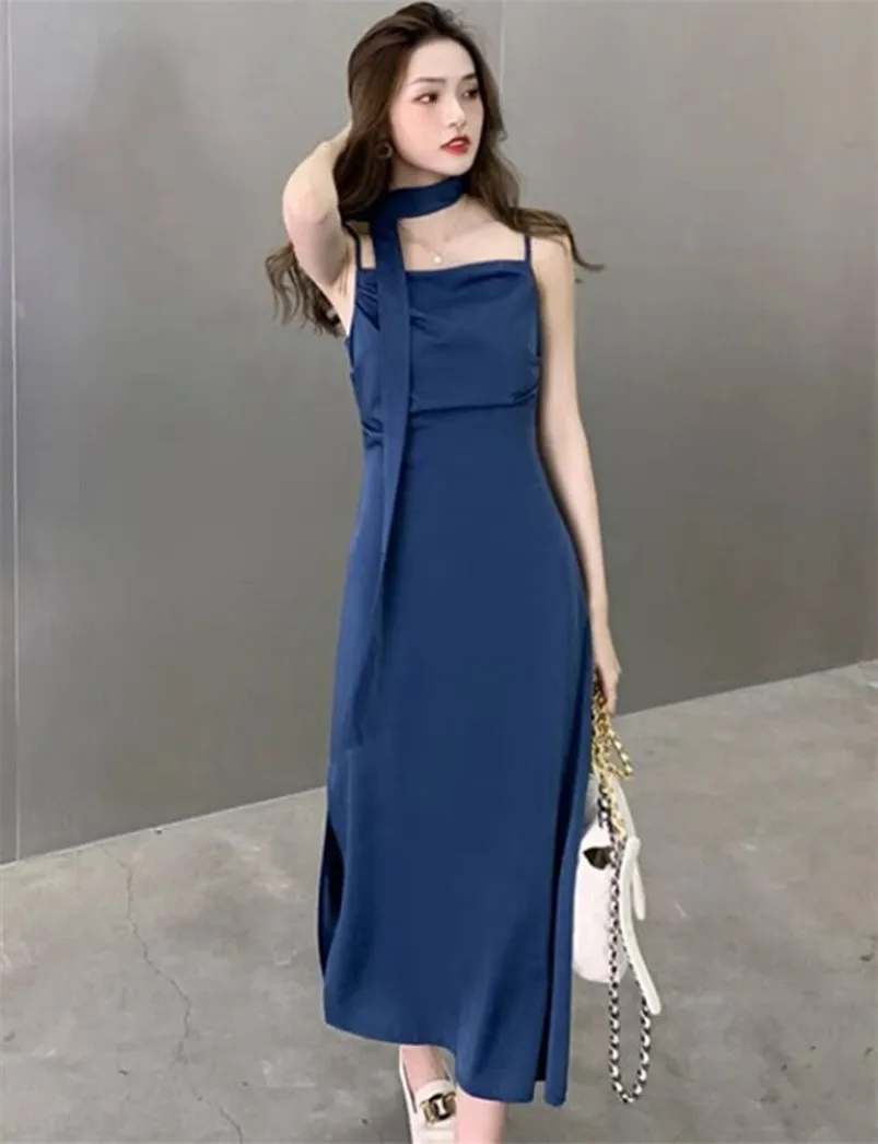 

Женское модное клубное платье 2026 года, летнее, однотонное, из атласа, на тонких бретелях, с разрезом, сексуальное, элегантное, для вечеринок