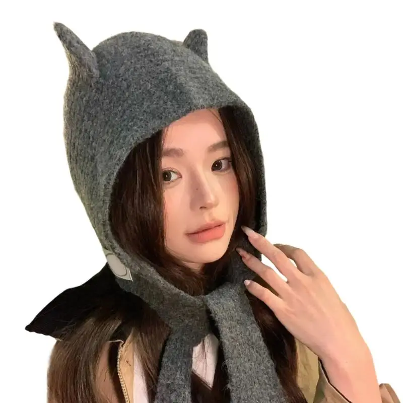 

C63C Soft Knitted Devil Ear Brimless Hat with Neck Warmer For Adult Youth Earflap Skull Hat For Women Girl Cycling Accessories