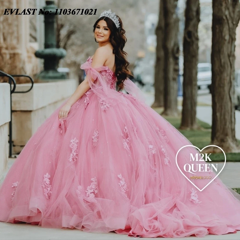 فستان Quinnceanera باللون الوردي الساخن مخصص من EVLAST فستان حفلة لامع مزين بالدانتيل مطرز بربطة عنق مشد حلو 16 فيستدوس دي 15 أنوس SQ467