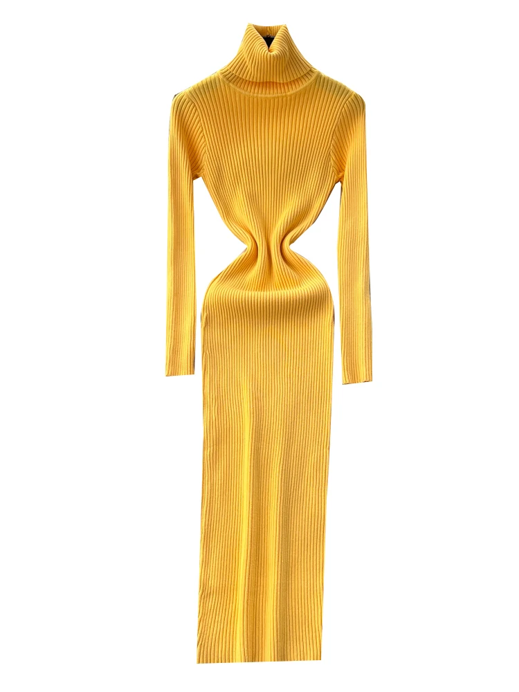 High Ne Knitted Dr Women's Tight Fit Waist Cinching Slimming Vertical Stripe Sweater Dr Korean Sle High Waist A-Lin...