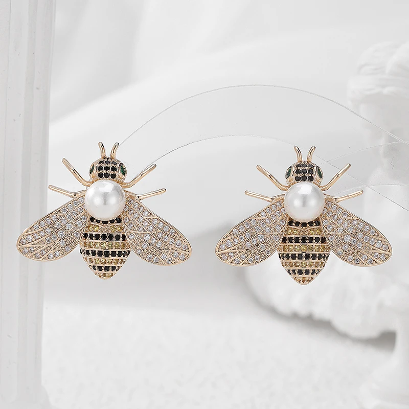 Trendy Cute Bee Big Stud Earrings High Quality Zircon Pearl Earrings Luxury Women Party Earrings Israel Nigeria Jewelry
