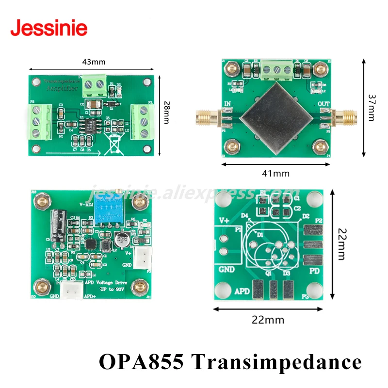 OPA855 وحدة مكبر للصوت عالي السرعة APD PIN كشف الضوء TIA IV لوحة تحويل 1KV/A 10KV/A 1MV/A AD8015