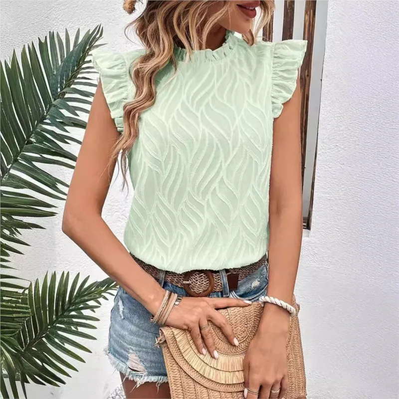 2024 Summer Women\'s Casual Chiffon Blouses Vest Ruffled Neck Top Fresh Sweet Elegant Women Shirts Office Lady Fashion Clothing