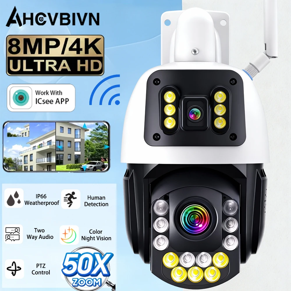 

8-мегапиксельная 4K HD камера с 50-кратным оптическим зумом, Wi-Fi, PTZ, двумя объективами, двумя экранами, детектором движения, цветным ночным видением, IP-камера безопасности iCSee