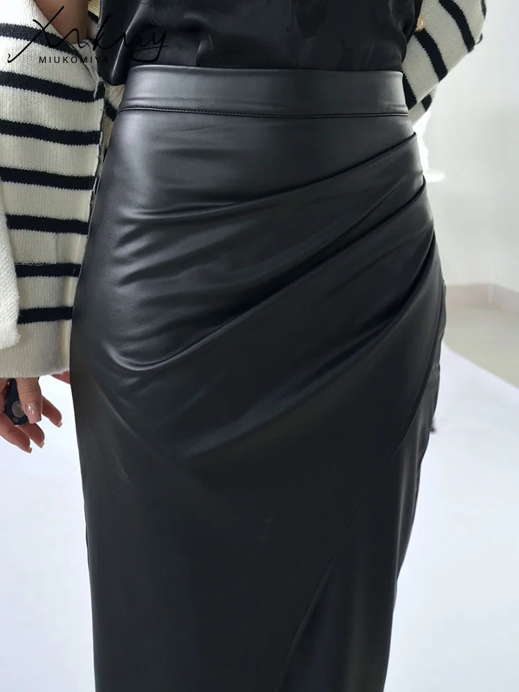 Black PU Leather Slit Skirt Women High Waist Bodycon Zipper Folds Midi Skirts Office Ladies Sexy Women\'s Leather Skirt Beige