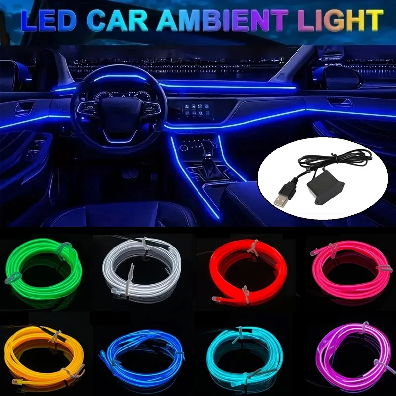 1/2/3/4/5M LED Decorative Lamp, Flexible Neon Cable Strip, USB Interior Lighting for Vehicles, Party Mood Diode, Ambient Lights